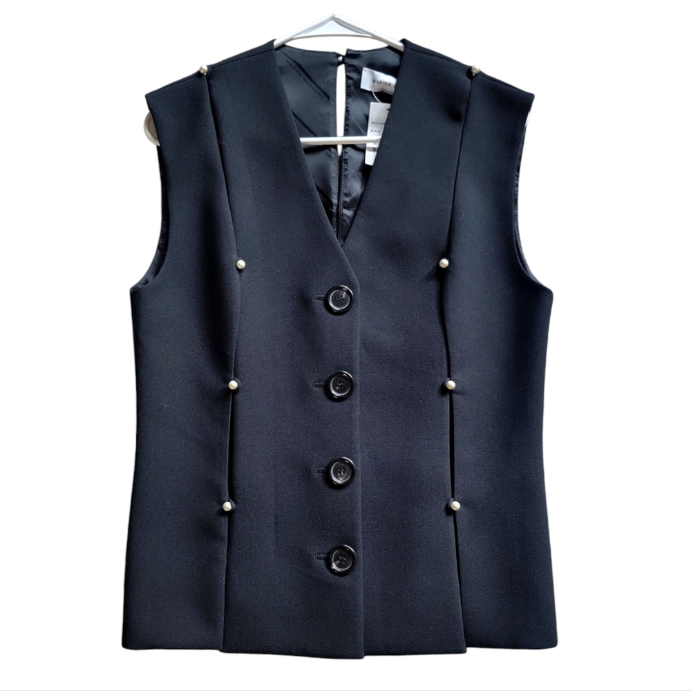 NWT Marina Moscone Classic Black Carwash Top Pearl Embellish Tailored Vest Sze 4